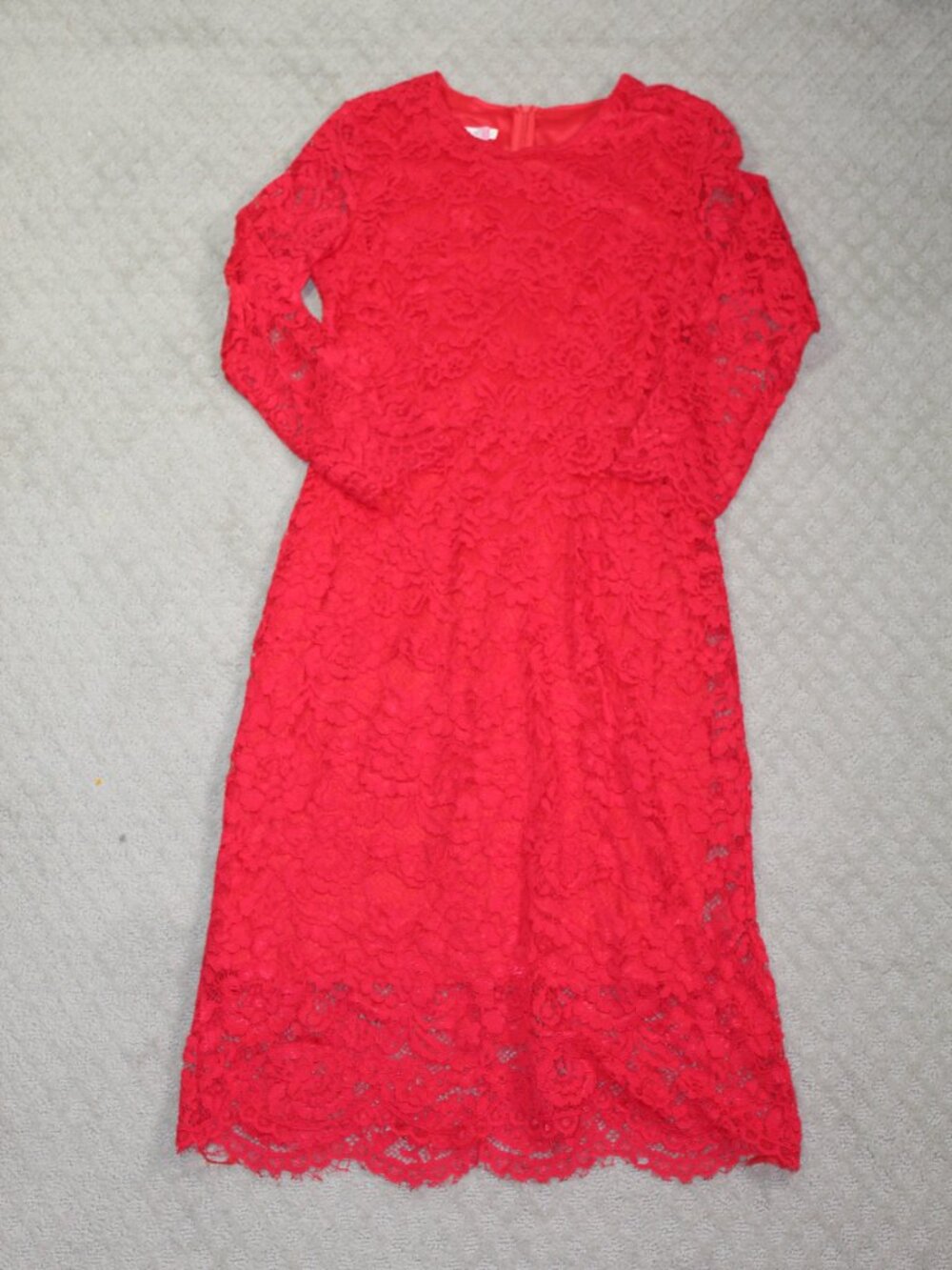 Q. Quan Size S Lined Red Lace Long Sleeve Midi Dress